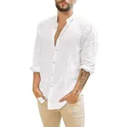 Shirt 2022 New Men'S Linen Cardigan Solid Color Casual Stand-Up Collar Long-Sleeved Shirt