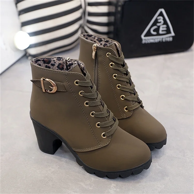 Manufacturer Solid Thick Heel Lace up Thick Sole Round Toe Winter women Short Boot
