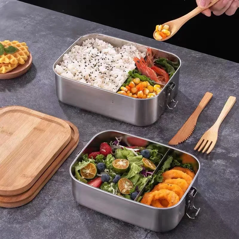 Adult Lunchbox for Picnic School Kids Bento Box Bamboo Cover Stainless Steel Lunch Box With Divider