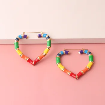 New Customized Colorful Oil Drip Heart Shaped Big Bamboo Painting Enamel Hoop Earrings For Women