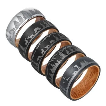 Poya Mens 8mm Tungsten Carbide Trees Forest Hunting Dear Lasered Silver Black Whiskey Barrel Wood Ring For Wedding