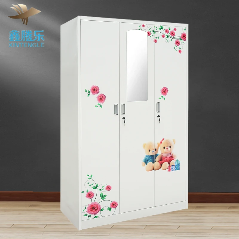 Hot Sale Customized White Color Mirror swing doors modern design pattern transfer metal wardrobe steel almirah