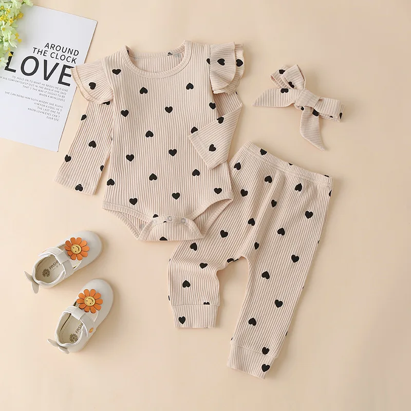 Autumn newborn infant baby girl ribbed 3pcs children rompers+ pants infant clothes baby girl clothing sets