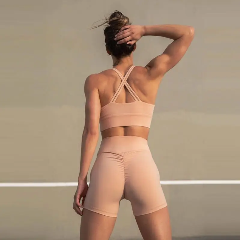 ECBC Women Gym Wear Straps Across Bra V cut scrunch Butt Shorts 2 pieces Workout Fitness Sets