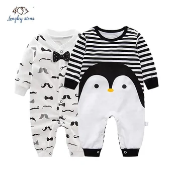 In stock cute newborn baby clothes soft long sleeves boutique Penguin boys plain baby romper