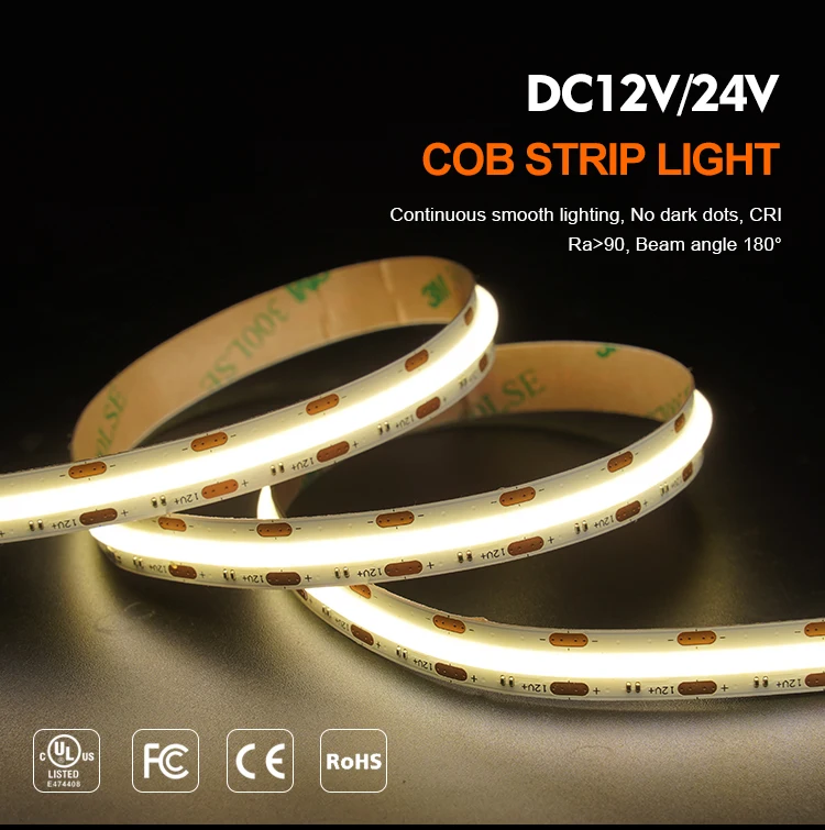 Custom COB DC24V 10MM Width 12W/M IP20 IP65 Dimmable Indoor Decoration Strip Lights Smart Strip Lights for Indoor Decorations details