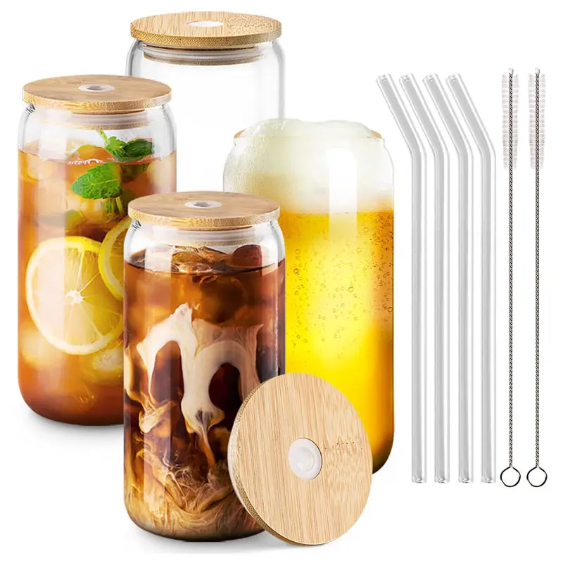 16oz Can Shaped Glass Tumbler Cups Drinking Glasses with Bamboo Lids and Glass Straw