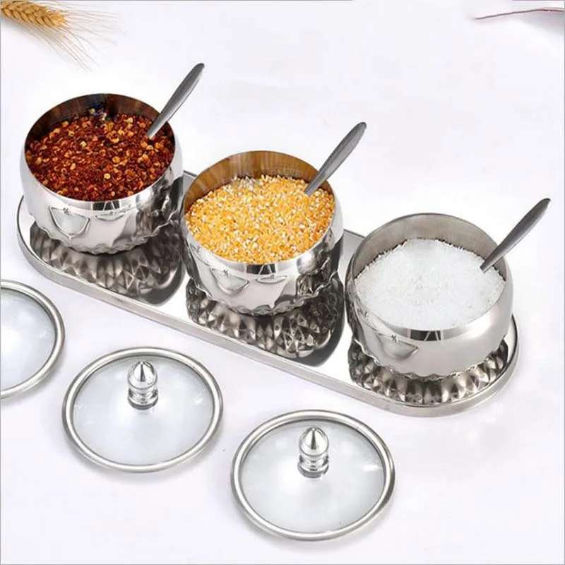 High quality Eco Friendly glass lid with spoon stainless steel kitchen spice jars spice jars with plate spice jar