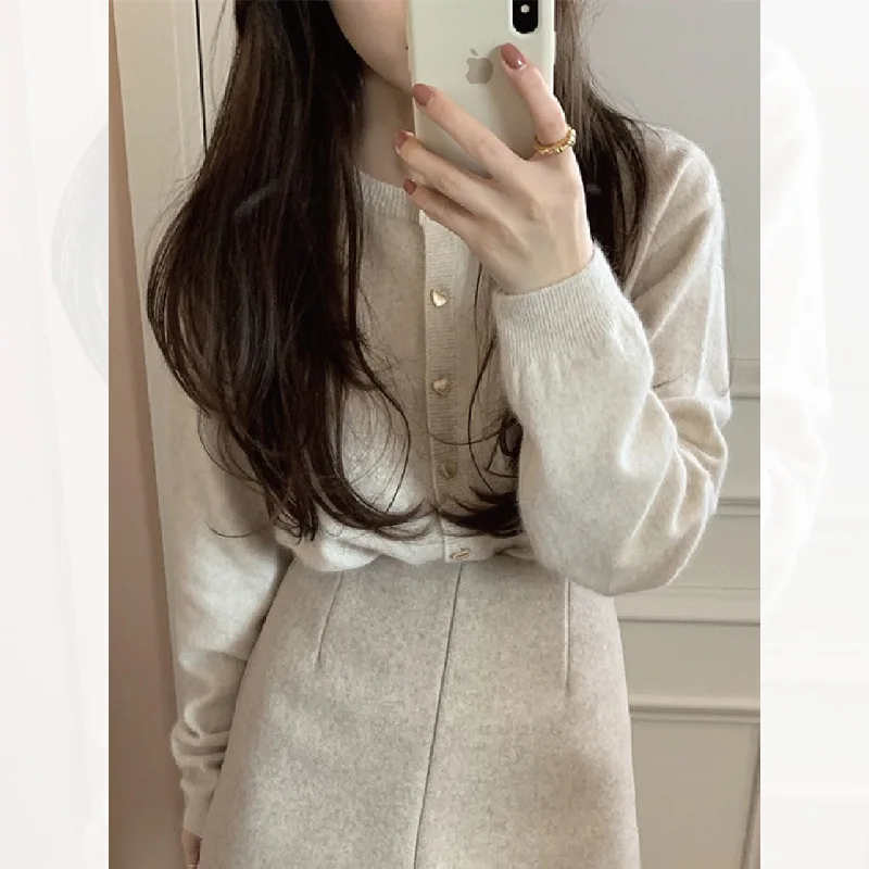 Lady comfortable autumn long sleeve button knitted cardigan women solid  round neck short cardigans sweater