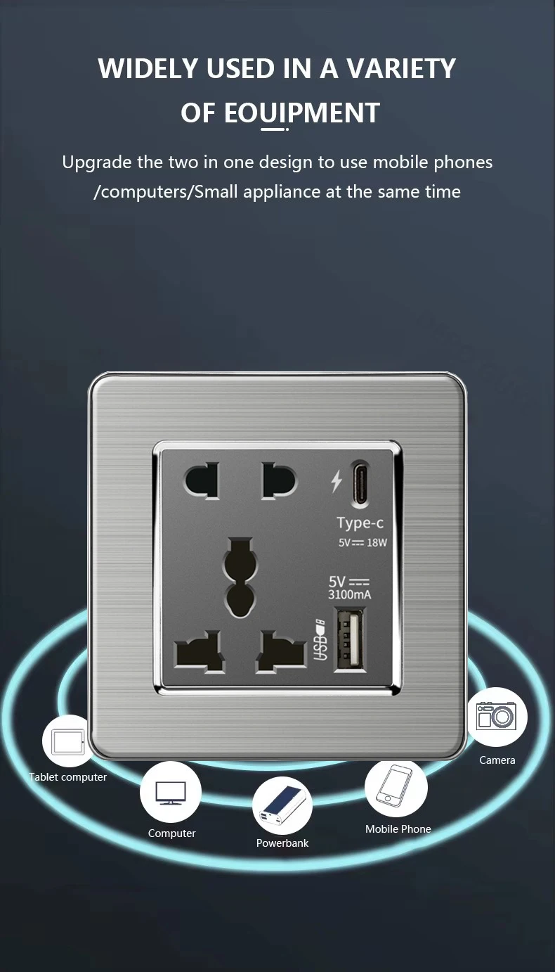 通用壁灯开关拉丝不锈钢面板，英国类型-c 18w快速充电插座220v双usb电源插座