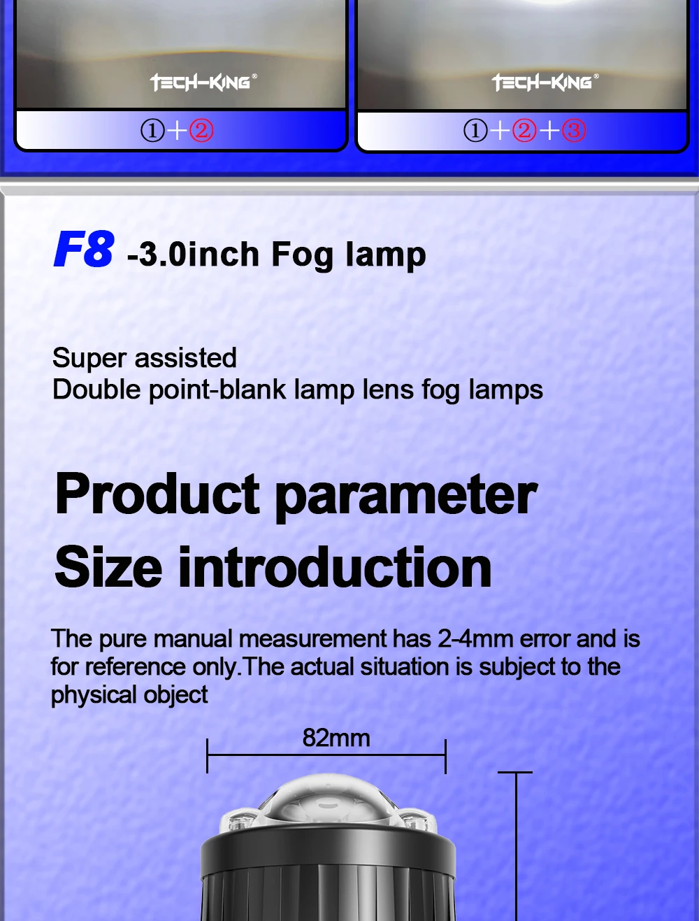 TECH-KING F8 12V 6000K Super Bright Laser 130W Universal Bi Led Projector Lens 3.0 Inch Fog Light Lens for Car Modification