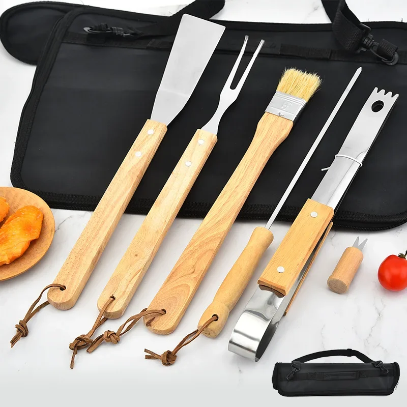 Stainless Steel Grill Set Bag Bbq Tool Set Wooden Handle Bbq