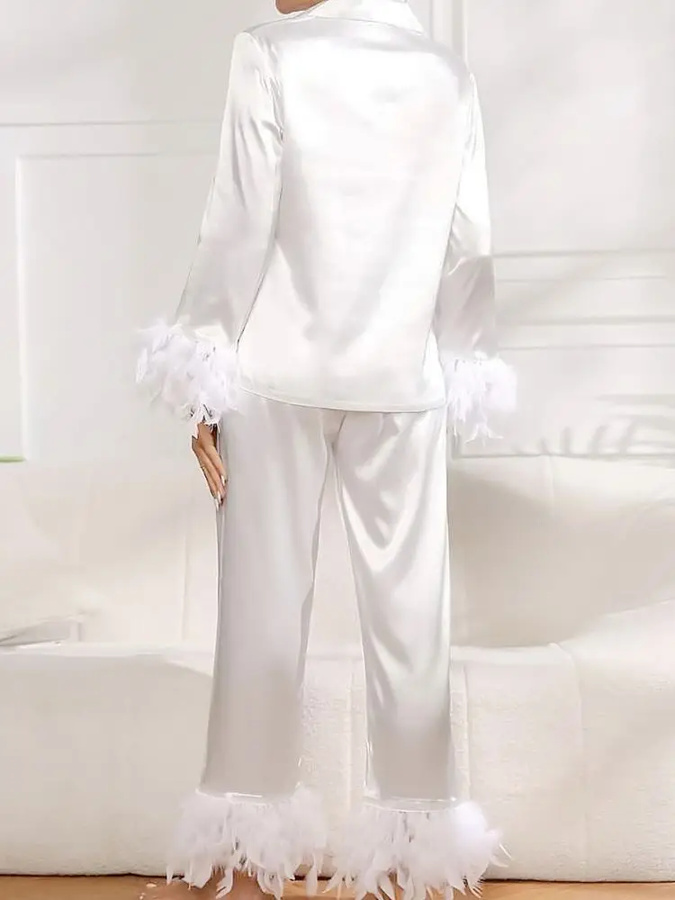 Satin Pajamas With Feathers Trouser Suits High Waist Sleepwear Women Sleepwear Sets With Pants Fur Single Breasted Sets 2024