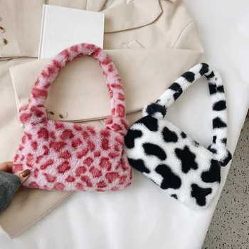 2021 INS Fashion Women Cow Print Mini Shoulder Bags Female Winter Plush Underarm Bags Leopard Zebra Pattern Fluffy Tote Bags