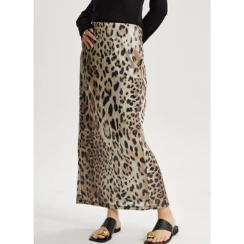 Latest style  coffee color Leopard Printing Long Straight Natural Waist  lady's Skirt  for women