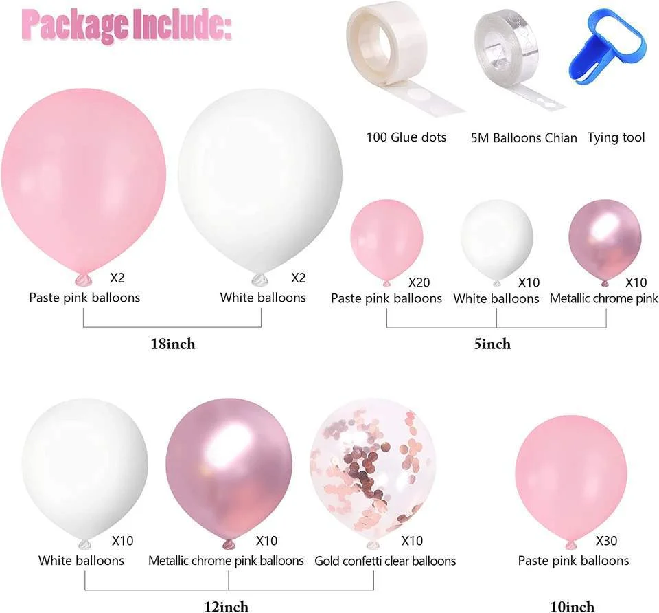 Pink White Balloons Garland Arch Kit 104 Pcs Metallic Pink Latex Balloons for Baby Girl Birthday Wedding Party Decoratiions