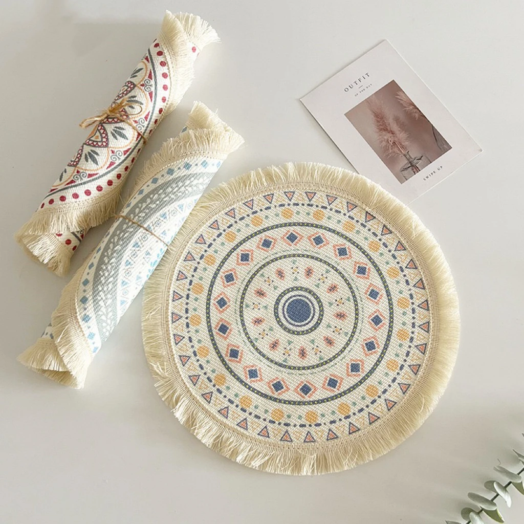 cotton linen embroidery pad dish coffee cup table mat round 34cm bohemian style non-slip kitchen placemat coaster home decor