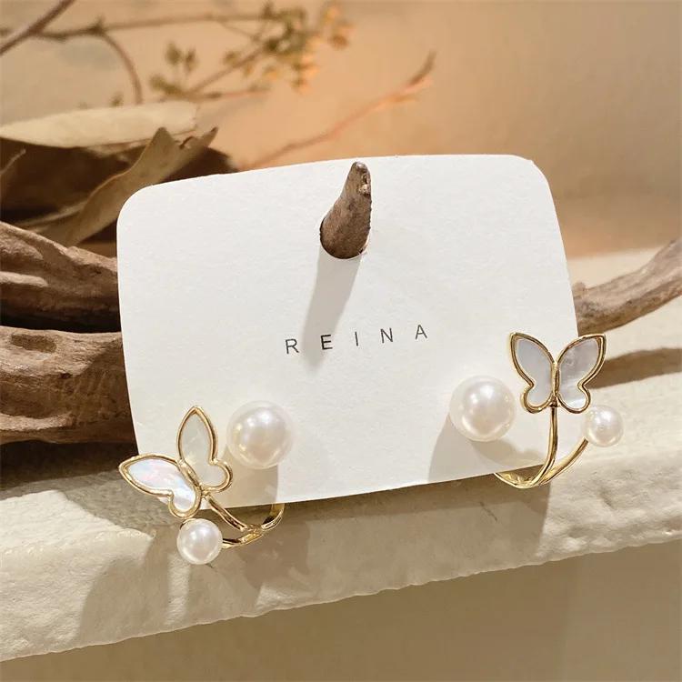 Fashion Butterfly White Enamel Earrings Alloy Pearl Gold Earrings Simple Jewelry Accessories Gifts 2 Kinds Wearing