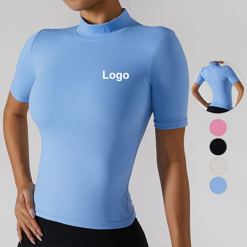 2022 New Arrival Solid Color High Stretch Workout T-shirts High Neck Compression Gym T-shirts Sweat-wicking Women Yoga T-shirts