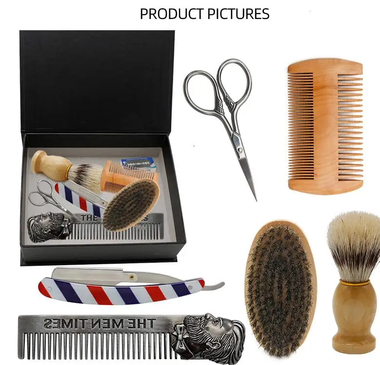 Natural Wood Beard Brush Comb Set Scissors Grooming Kit Shaving Brush For Men OEM Beard Growing Set For Daily Use