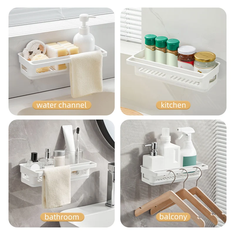 Creative Bathroom Shelf Wall Mounted Shower Cosmetic Shampoo Storage Rack Shelf-Adhesive Shelves with Towel Bar and Hooks