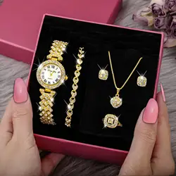 5 Pcs Fashion Luxury Full Crystal Watch Set Diamond Necklace Earrings set Jewelry for Women Gift
