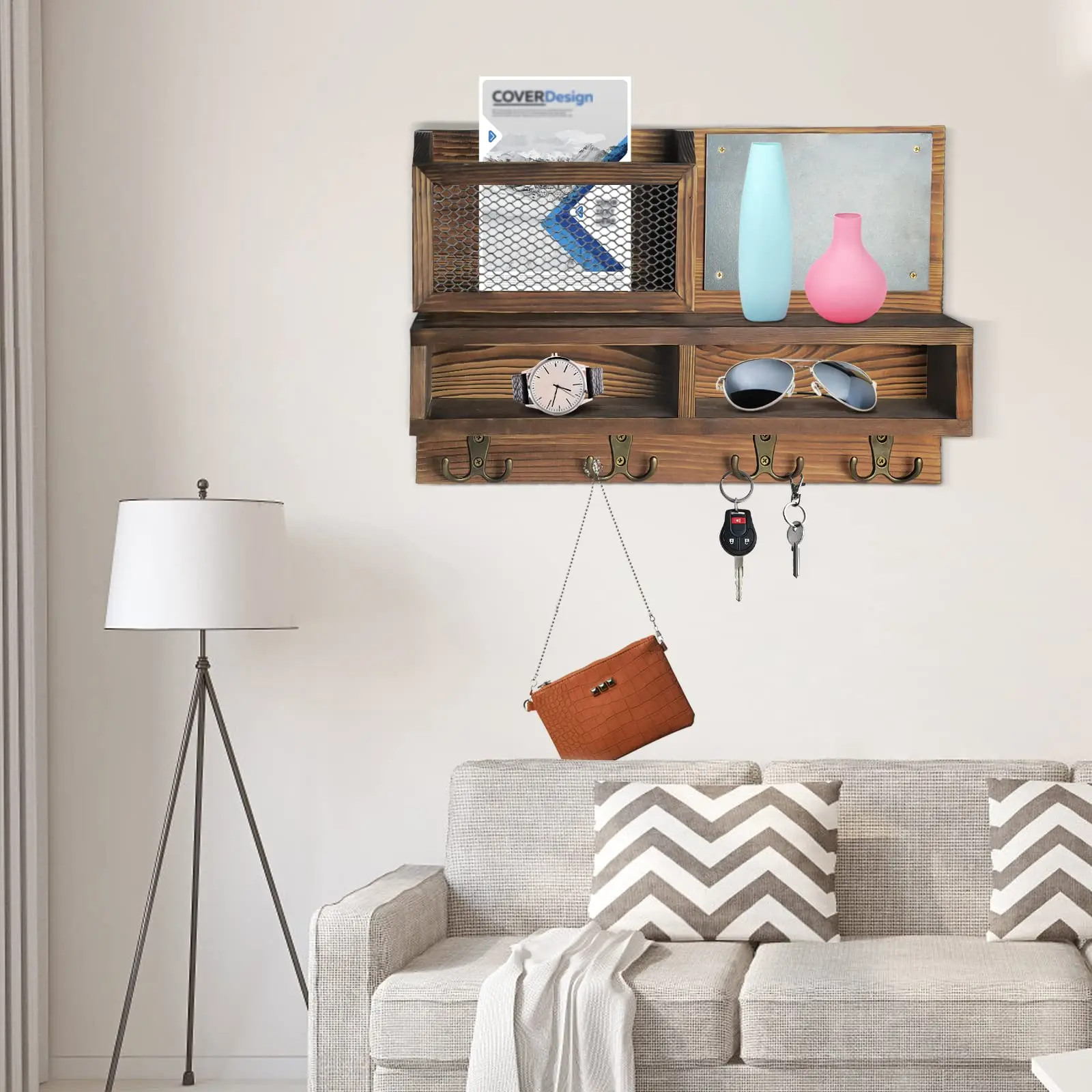product custom rustic wood entryway shelf with key hooks mail organizer wall mounted home decor storage rack for coats keys-7
