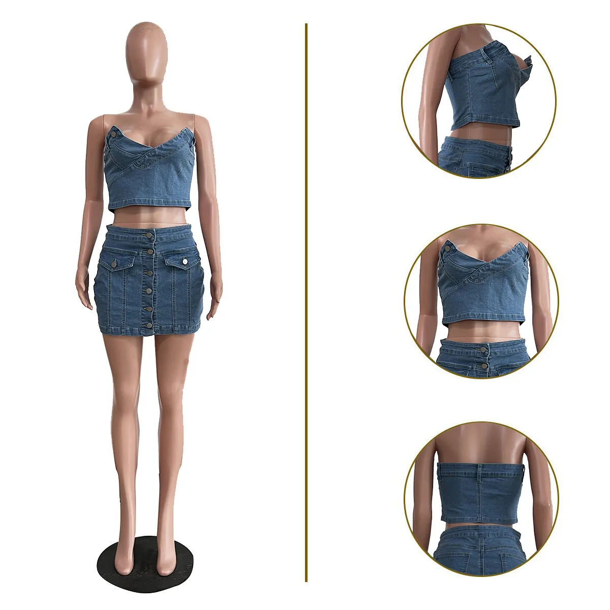 Latest Design Cotton Wash Denim Outfit for Women Sexy Strapless Crop Top High Waist Button Jean Mini Skirt 2 Piece Set details