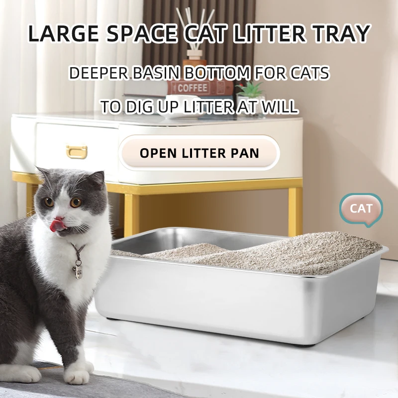 Stainless Steel Xl Litter Box Stainless Steel Cat Litter Box with Anti-slip Rubber for Manual Cleaning