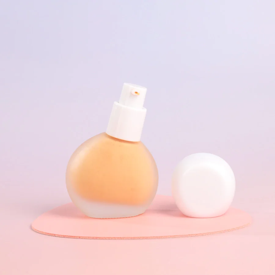 Small Round Skin Care Toner Hand Lotion Foundation Bottle 30ml Frosted Cosmetic Glass Bottles for Serum with Pump Plastic Cover