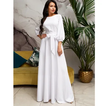 2022 Custom Design Vintage Bow Tie Maxi Long White Dress Women Lantern Sleeve Elegant Bandage Dress Floor-Length Dresses