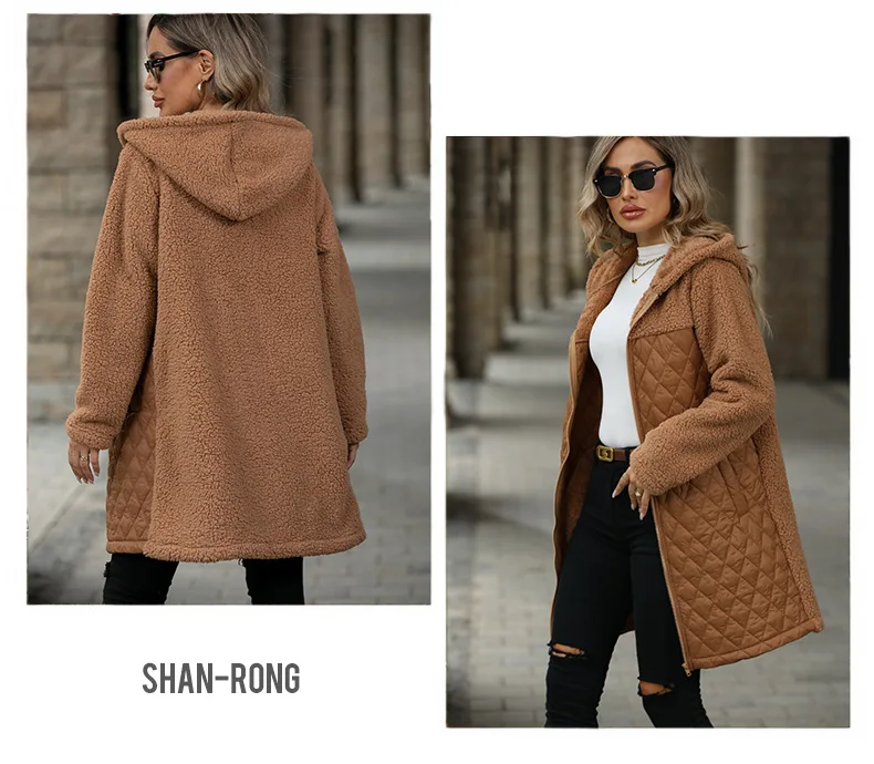 Wholesale high quality loose hooded zipper plush coat winter clothes for women fleece jacket