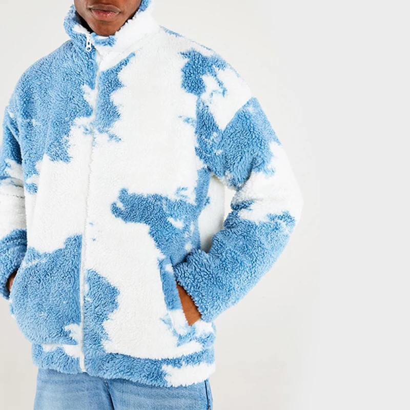 Custom Tie Dye Oversized Fleece Jacket for Men Winter Sherpa Jacket with Stand Collar