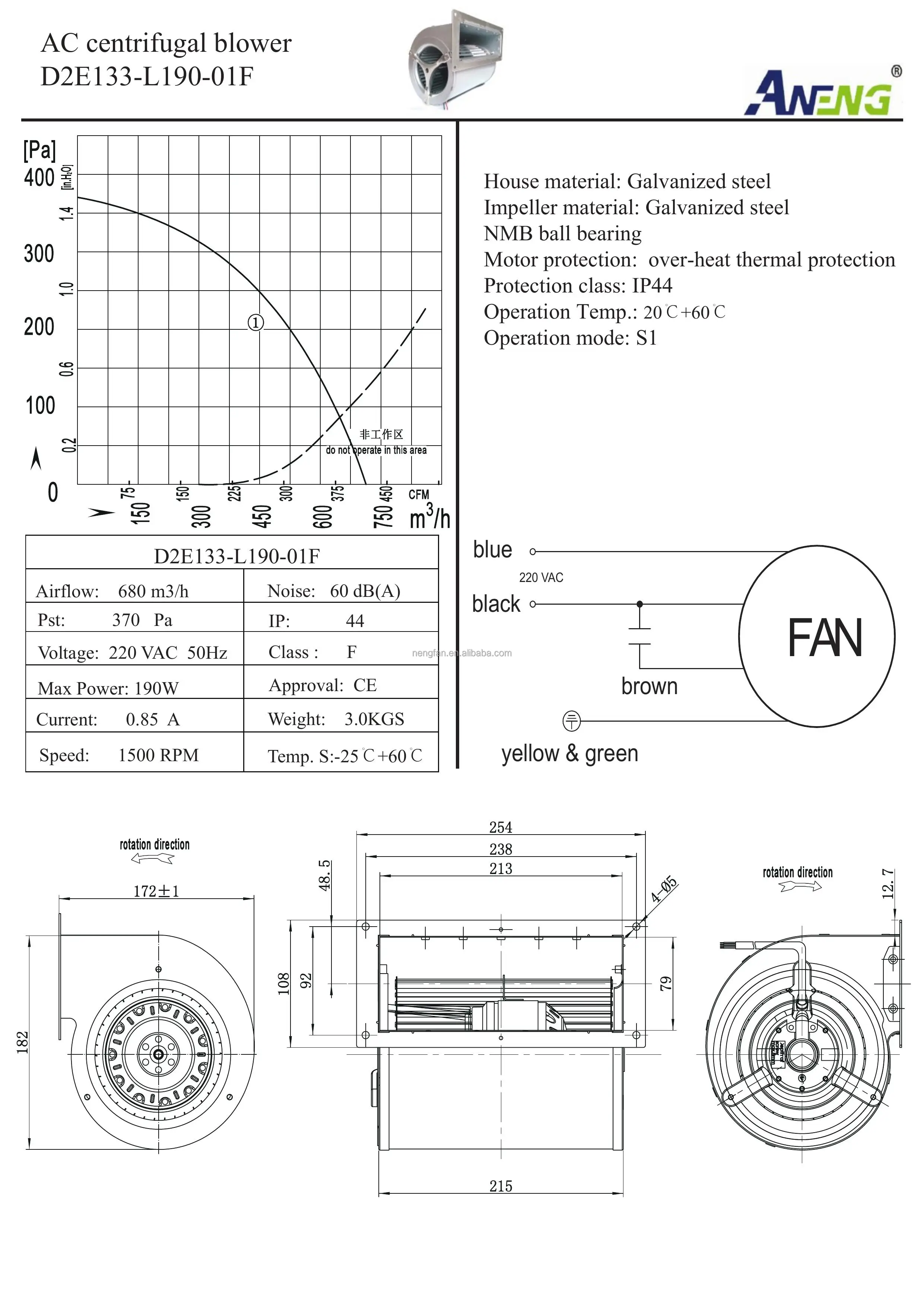 Centrifugal Blower, 220V, 133*190mm, Steel, 1500 - detail 6