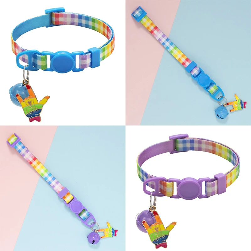 Hot Selling Eco-Friendly Comfortable Nylon Rainbow Plaid Dogs Adjustable Small Bell Collar for Small Animals All Seasons Hand