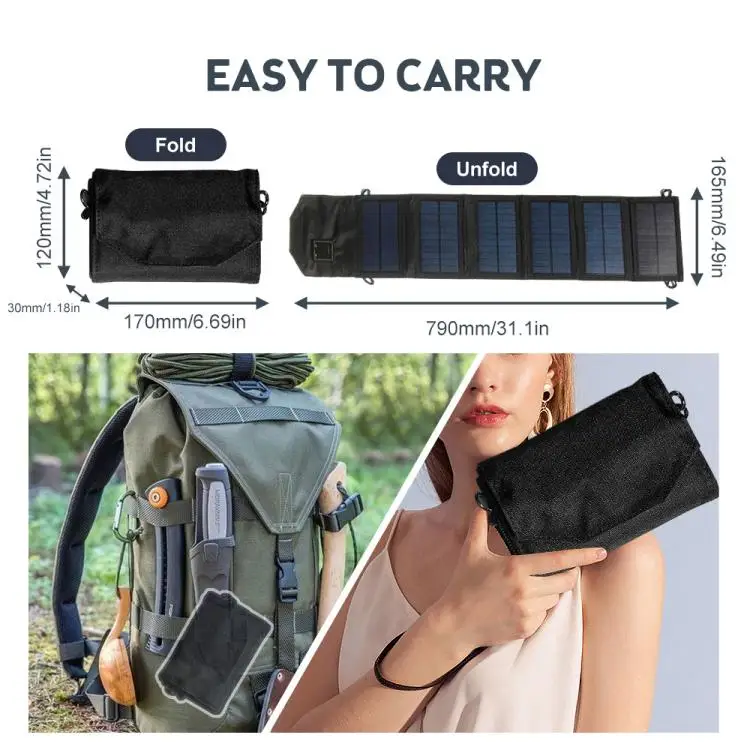 12W Portable Foldable Solar Panel Charger Dual USB 5 Volt Waterproof High Efficiency Foldable Solar Battery Charger with 2 Carab