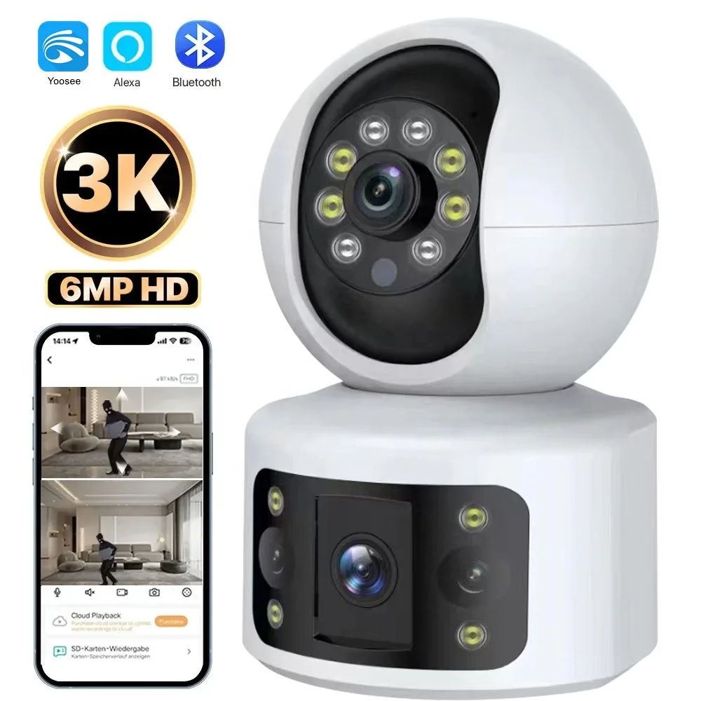 Yoosee 6MP WiFi IP Camera Dual Lens Dual Screen Baby Monitor Home Security Camera PTZ Auto Tracking CCTV Video Surveillance