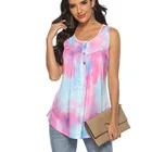 2021 Amazon Hot Sell Summer Tie Dye Loose V-neck Button Sleeveless T Shirts For Women