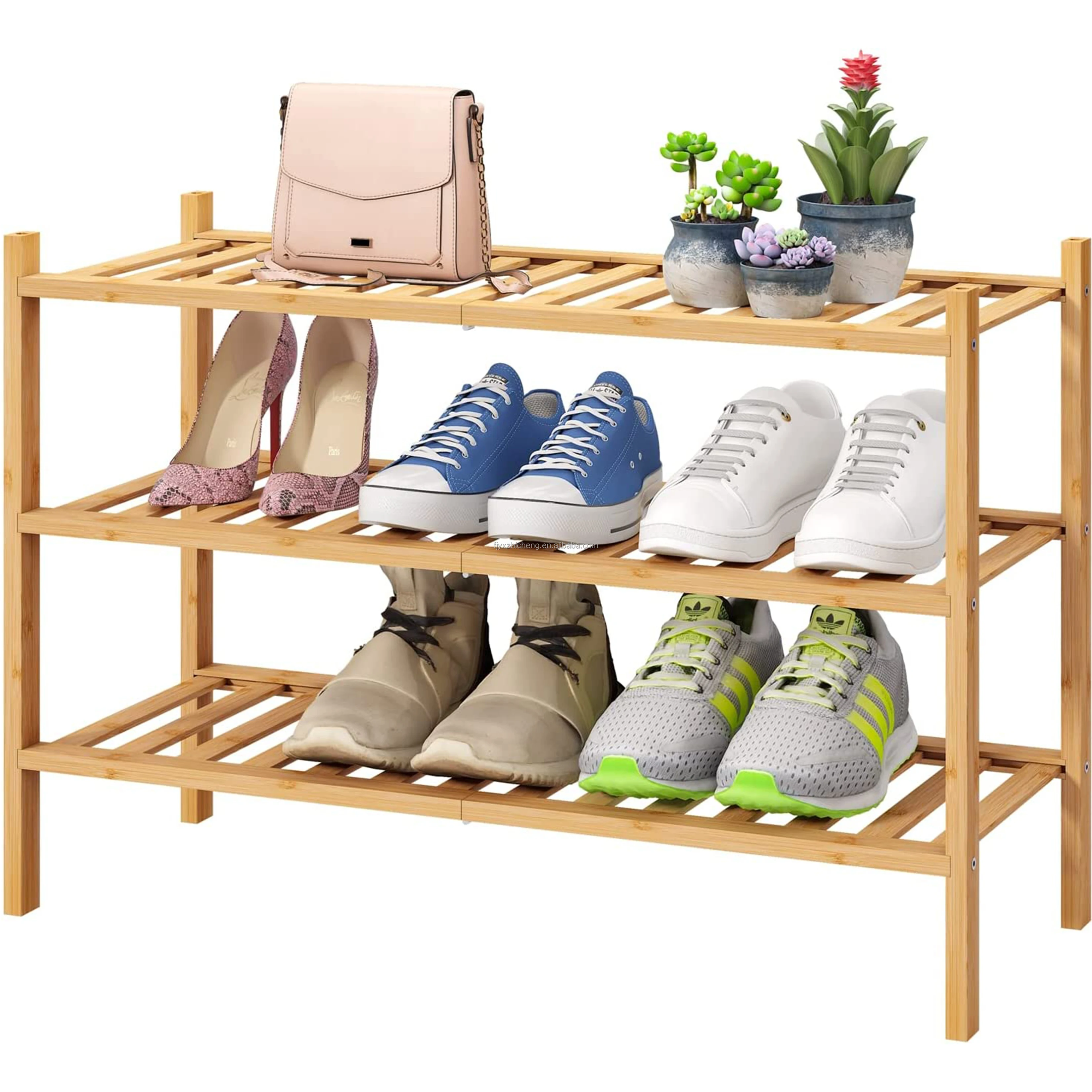 product multi function modern free standing bamboo 3 tier stackable shoe racks for living room entryway storage-0