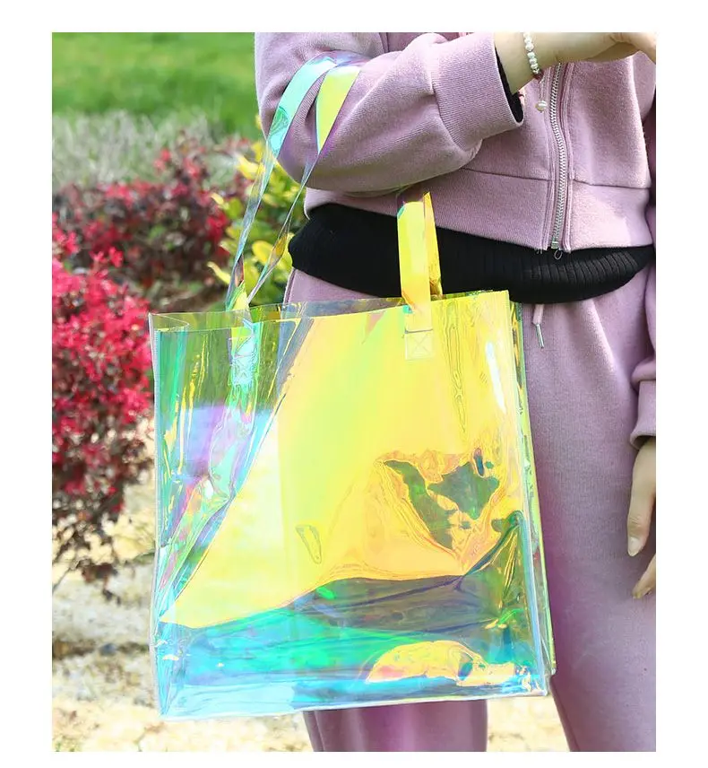 2022 fashionable custom logo laser holographic iridescent waterproof PVC shopping tote bag
