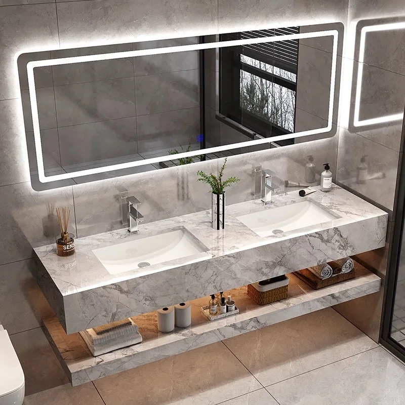 Tarpul Marble Double Washbasin Sink With Mirror Artificial Stone Cabinet Basin Wall Hung Bathroom Vanity Slab Basin manufacture