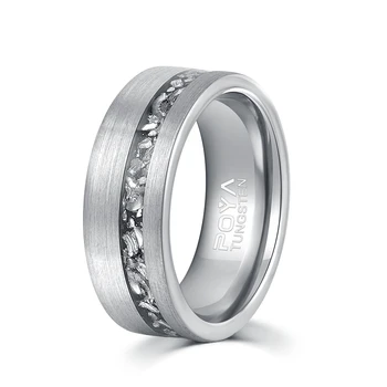 Poya 8mm Shiny Meteorite Shaving Inlay Polish Brushed Silver Tungsten Carbide Ring For Men