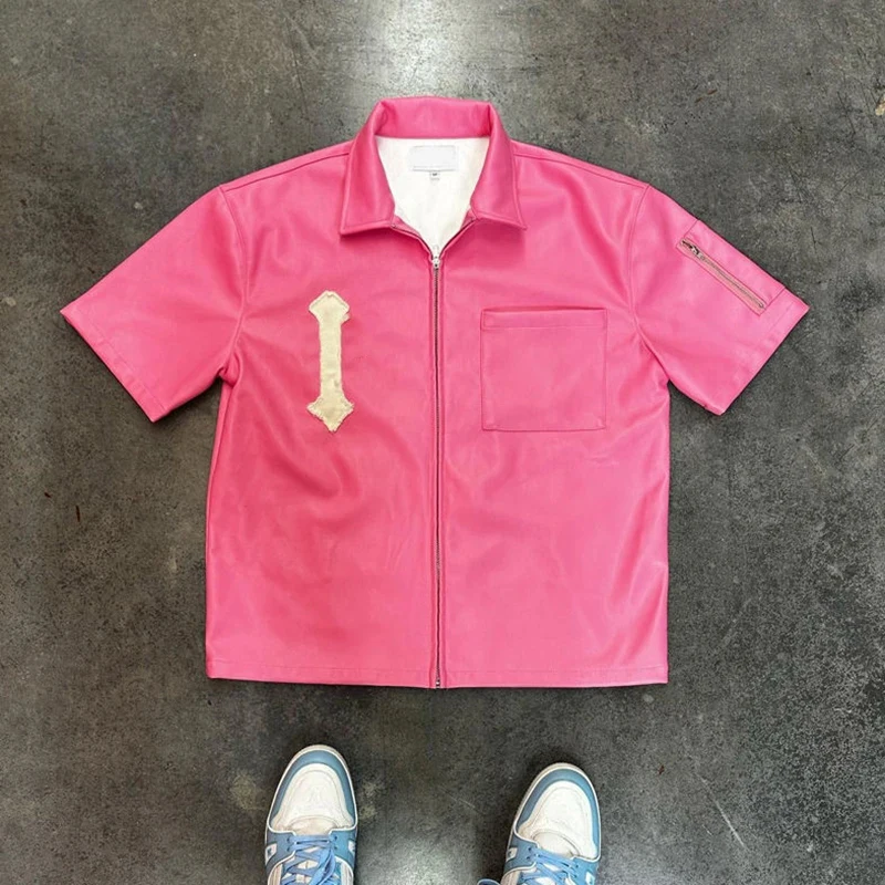 product custom vintage distressed applique embroidery pu leather shirt high quality short sleeve hip hop pu leather shirt for men-4