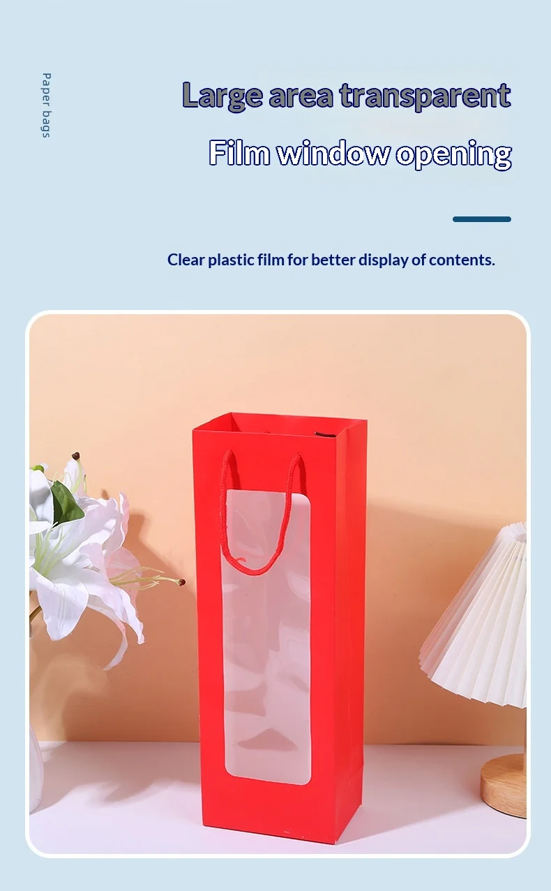 Durable luxury single wine bottle gift bag with art paper transparent window Durable luxury single wine bottle gift bag with art paper transparent window