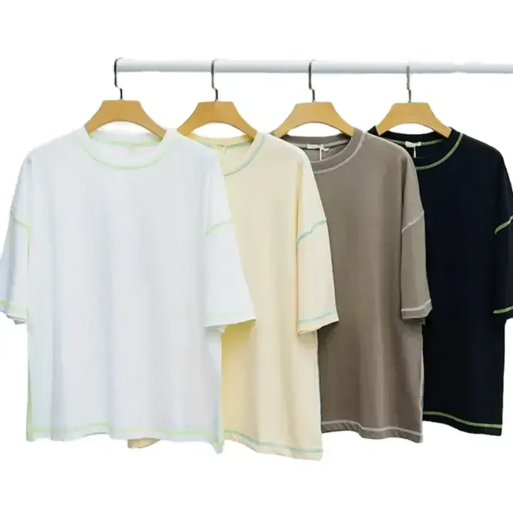 Custom Silk Screen Print Mens T-shirt Cotton Reverse Stitching Round Neck T Shirt Loose Fit Contrast Stitch T Shirt
