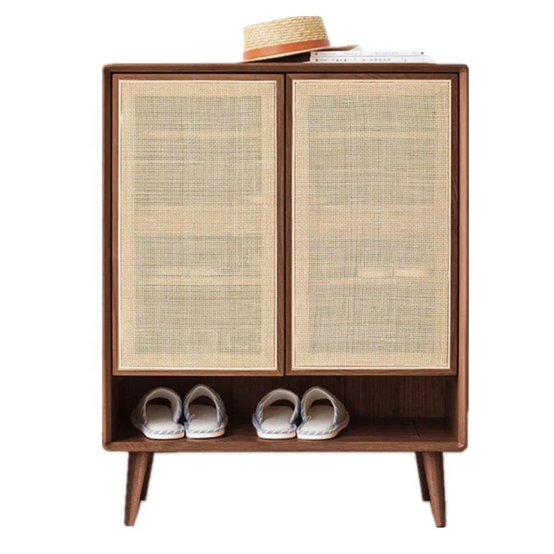 Nordic solid wood household shoe cabinet bedroom rattan multilayer storage cabinet Breathable living room wall porch cabinet