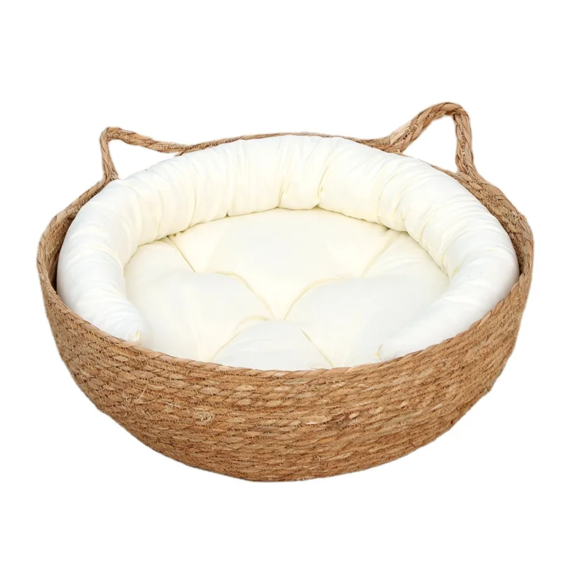 HUAYI  Four seasons  cotton and grass woven pet baskets for pet accessories handwoven  grass Weaving Cat Bed with Cushions