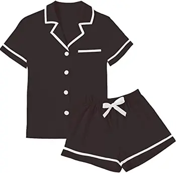 wholesale bamboo cotton fabric pajamas Nightwear Women's Cotton Pajamas Set Button Short Sleeve Shirt with Shorts pajamas Set