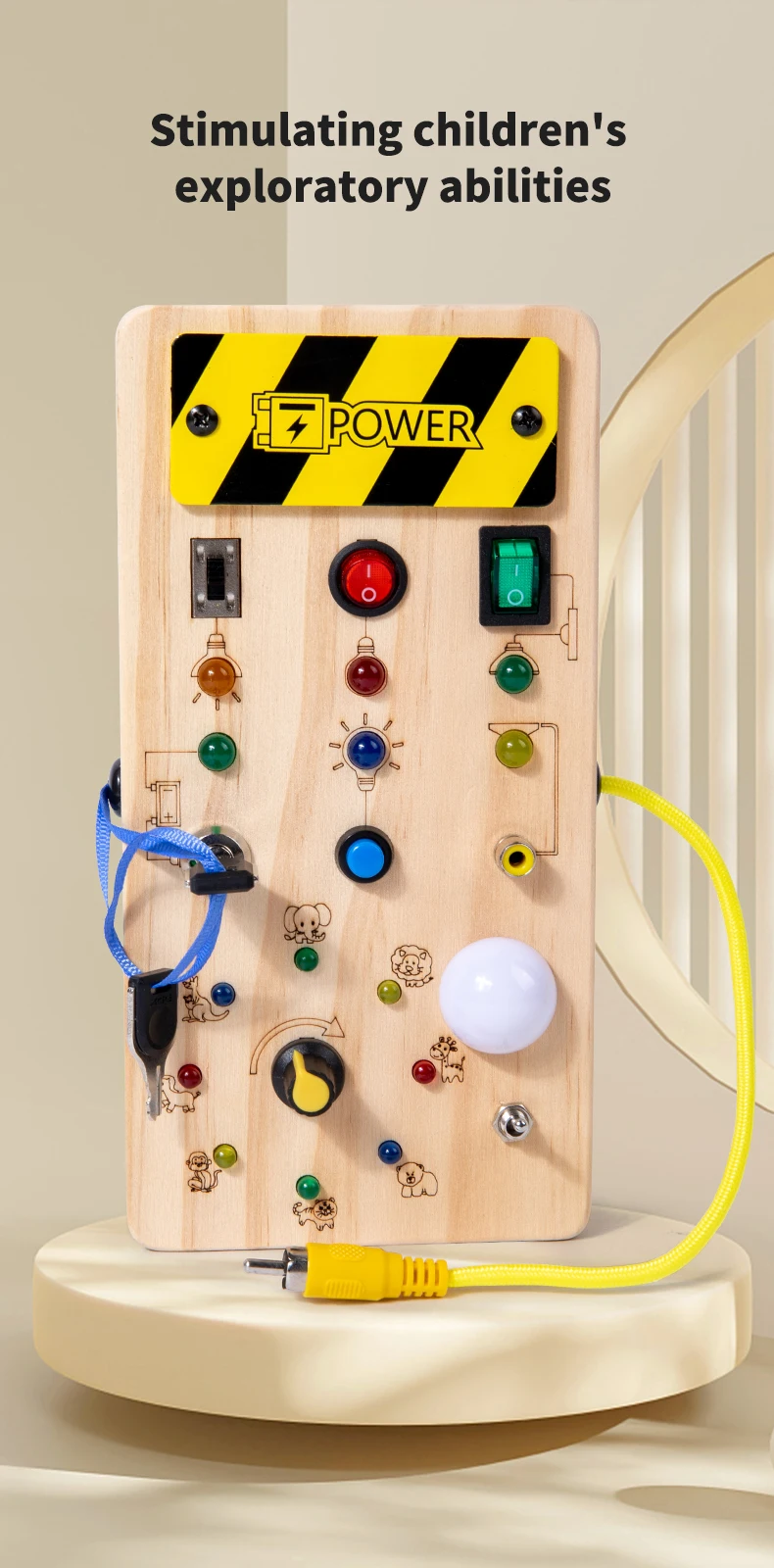 Lernspielzeug für Kinder, elektronisches LED-Licht, Baby-Sensory-Busy-Board aus Holz, Zubehör, Montessori-Spielzeug für Kleinkinder, Details