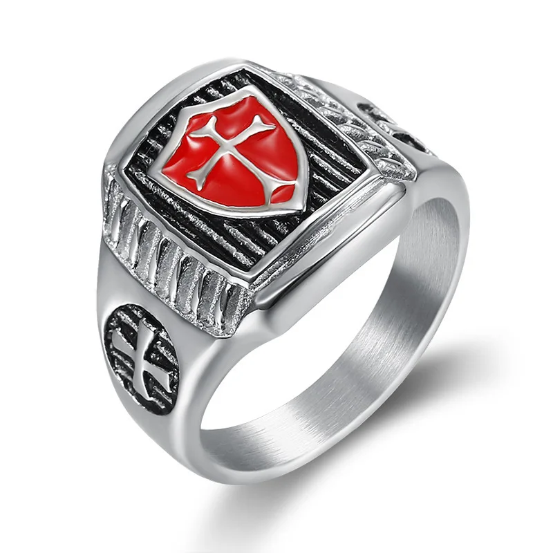 Men Knights Templar Red Cross Stainless Steel Black Finger Rings Fashion Jewelry 